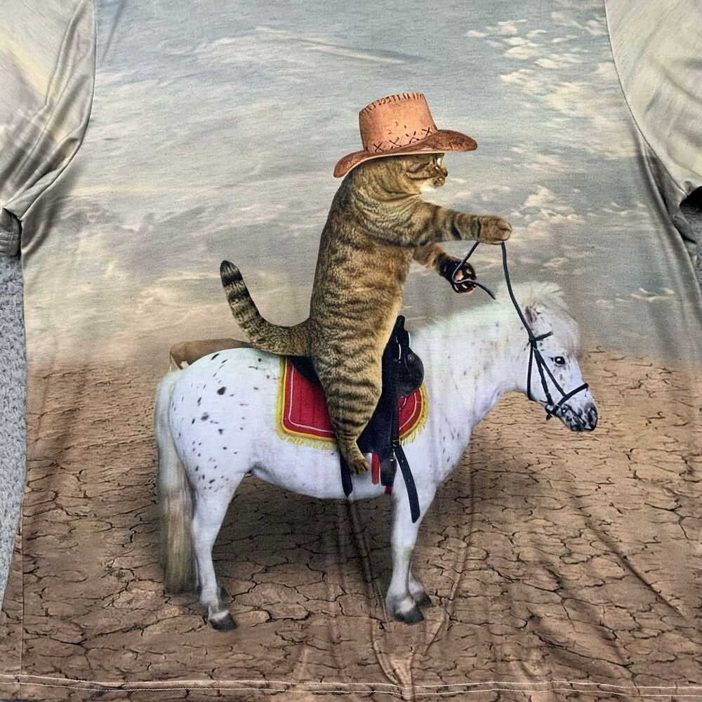 Womens 2XL Cat Cowboy Riding a Pony Graphic Novelty All Over Print T Shirt